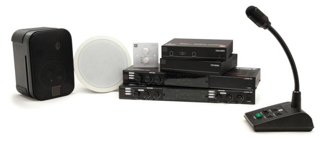 PA amplifiers, speakers and paging microphone